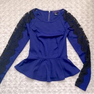 Forever 21 Royal Purple Blouse Peplum Waist Lace Sleeve Detail